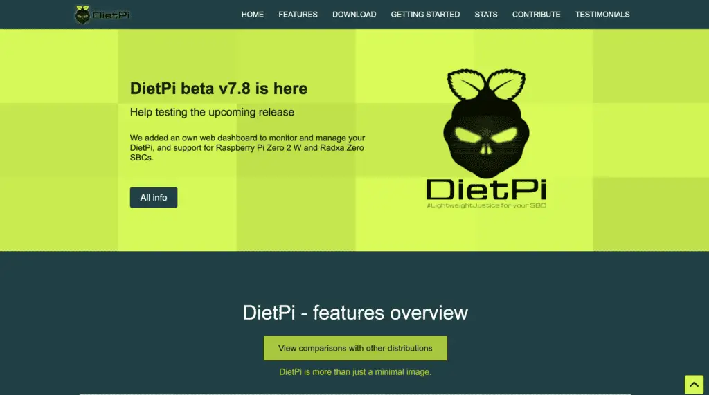 DietPi - A lightweight Raspberry Pi OS Alternative 7 The DietPi OS website is very green.