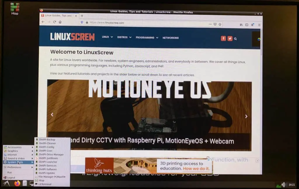 DietPi - A lightweight Raspberry Pi OS Alternative 38 DietPi OS desktop running Firefox. Browsing linuxscrew.com, of course.