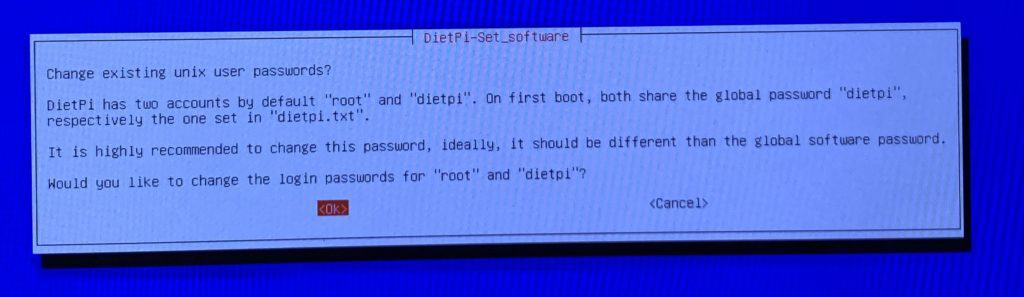 DietPi - A lightweight Raspberry Pi OS Alternative 19 You'll be prompted to change the default passwords - and you should.