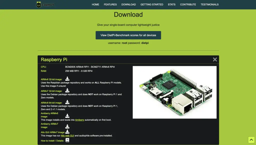 Downloading the DietPi OS image - be sure to pick the right version for your specific Raspberry Pi.