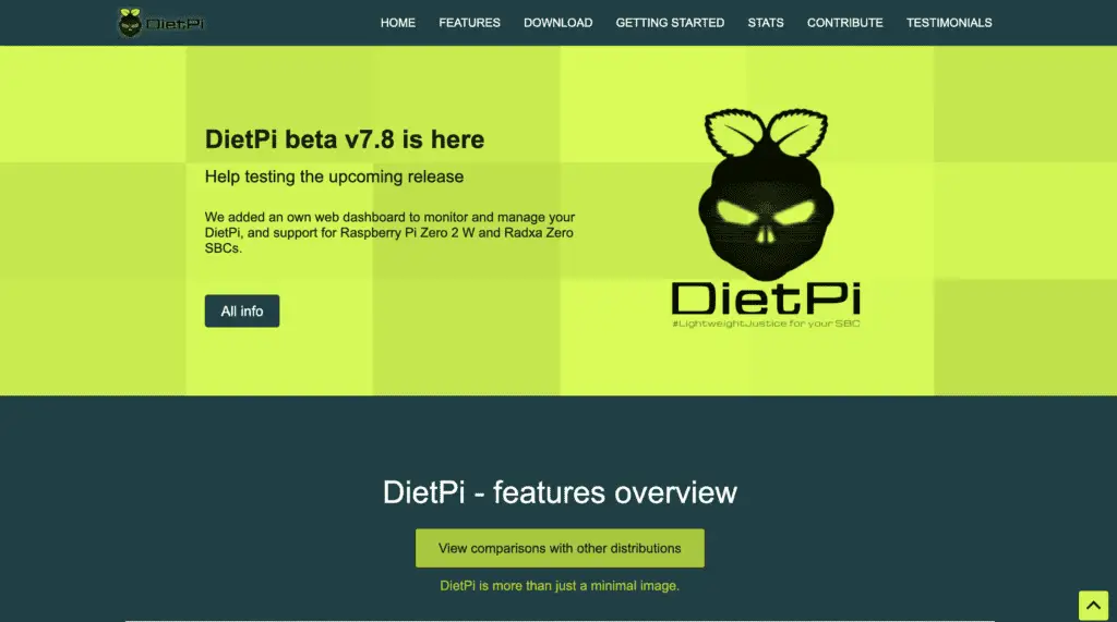 The DietPi OS website is very green.