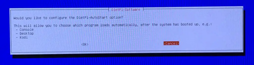 I opted to configure DietPi-Autostart - I want my desktop to load automatically when I power up the Raspberry Pi.