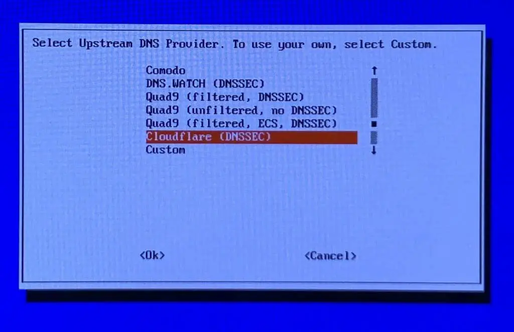 Select an upstram DNS provider. This is the provider Pi-Hole will use to look up addresses before filtering them for ads.