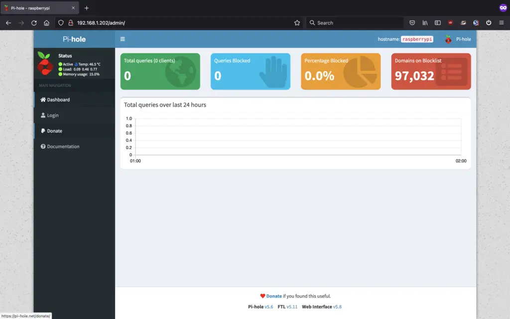Installing Pi-Hole Ad Blocker on a Raspberry Pi Zero 30 Done! We can check in on the web interface to make sure everything is working by navigating to the static IP address set previously
