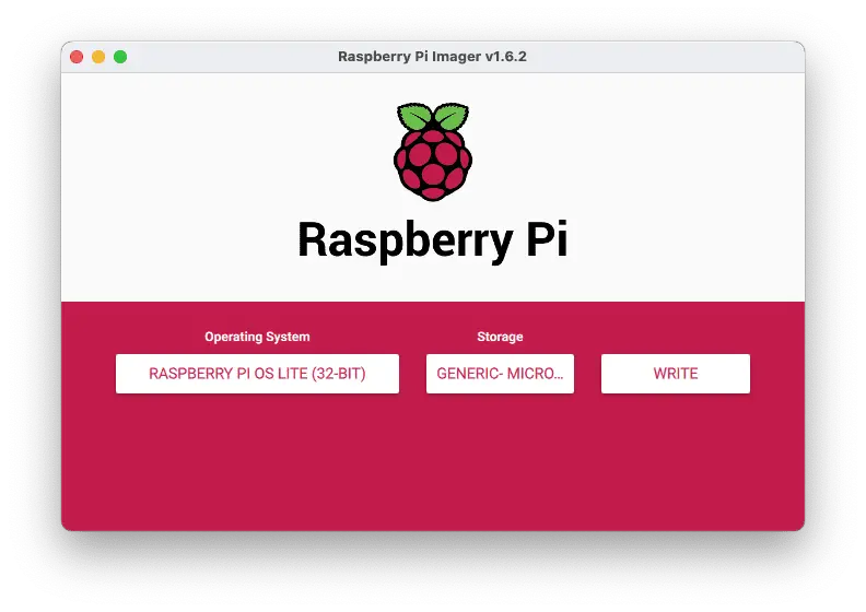 Run the Raspberry Pi Imager - select the Raspberry Pi OS Lite option, your storage device, and click 'WRITE' when you're ready.