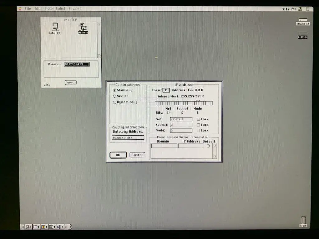 Browsing the Internet on a 1989 Macintosh II with a Web Rendering Proxy 8 Configuring a static IP address for MacTCP