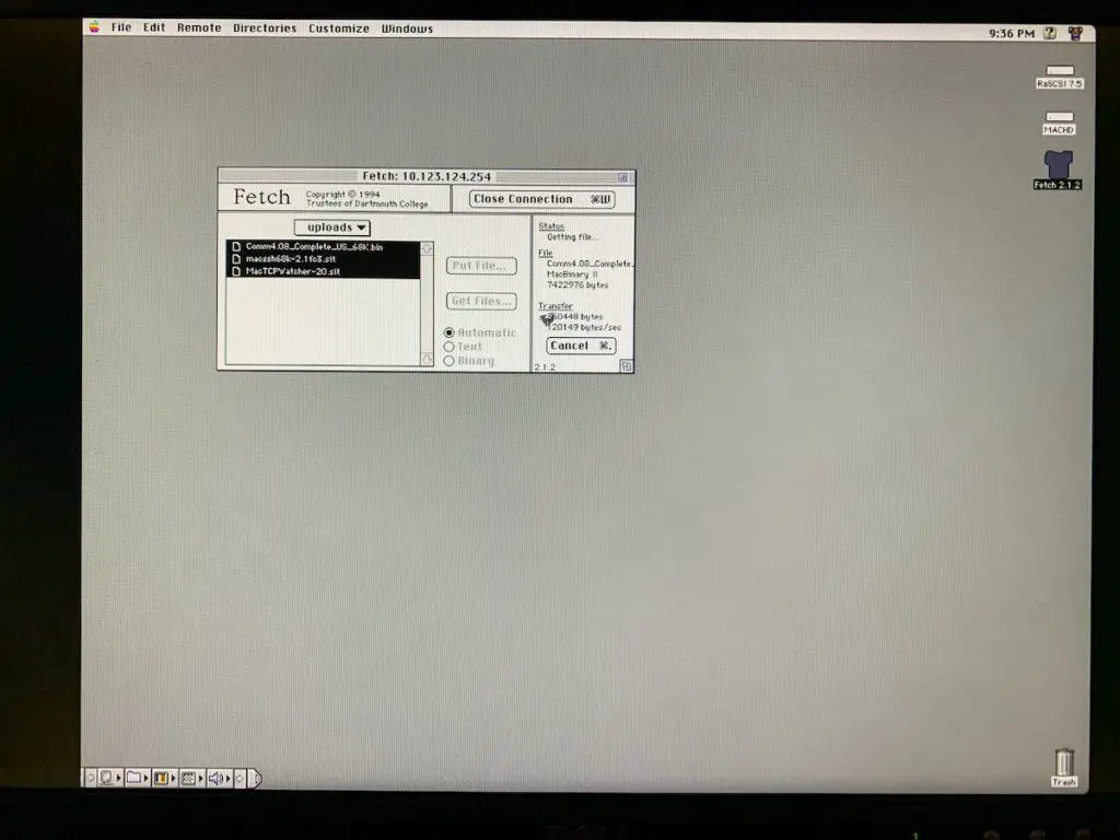 Browsing the Internet on a 1989 Macintosh II with a Web Rendering Proxy 16 File transfer in progress!